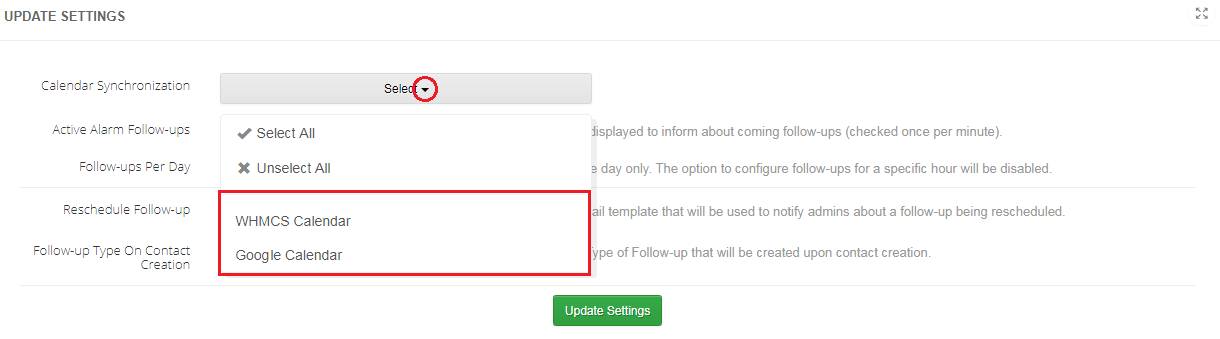 CRM For WHMCS: Follow-ups settings with the Calendar Synchronization list showing WHMCS Calendar and Google Calendar