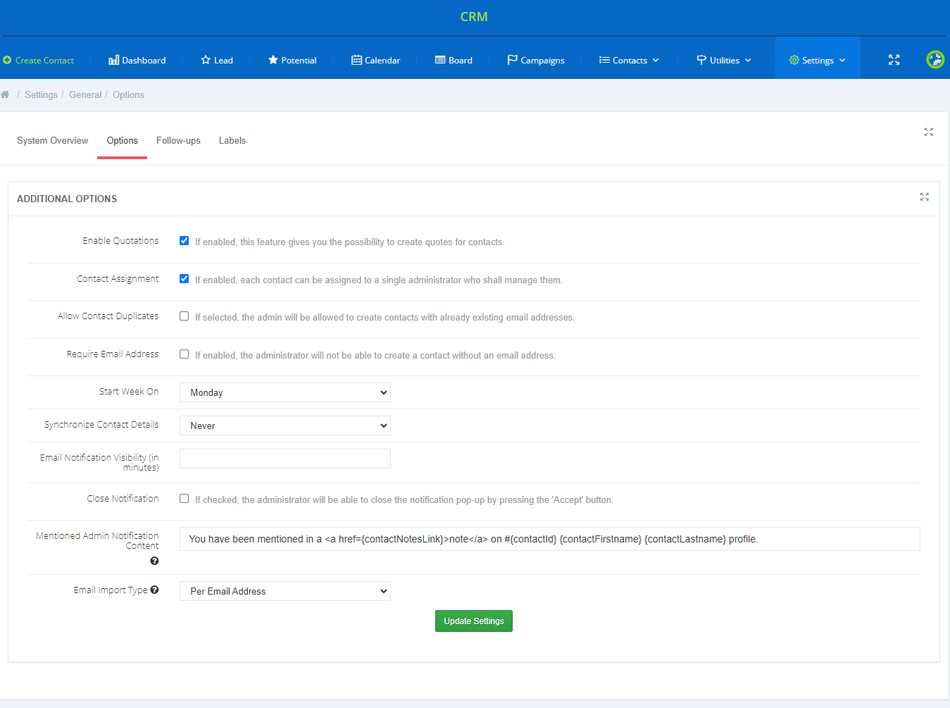 CRM For WHMCS: Settings General Options tab with additional options such as quotations, contact assignment and email