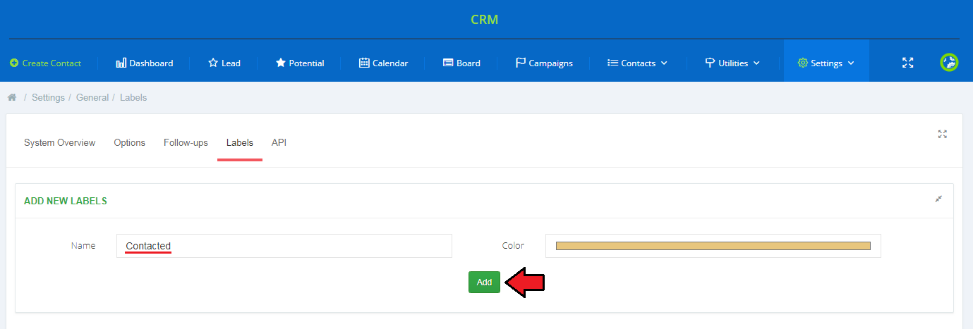 CRM For WHMCS: Settings General Labels tab with the Add New Labels form for name and color