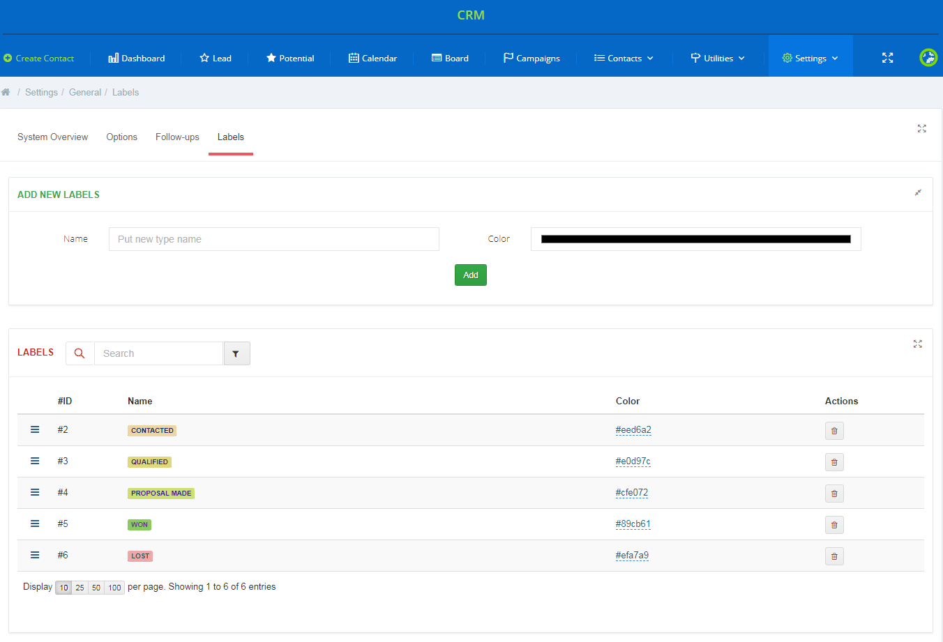 CRM For WHMCS: Labels tab with the Add New Labels form and the list of labels with colors