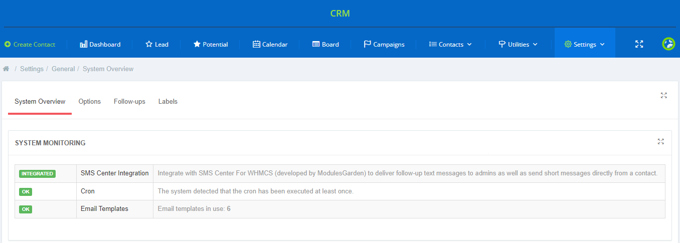 CRM For WHMCS: Settings General System Overview tab with the system monitoring table showing cron and email templates