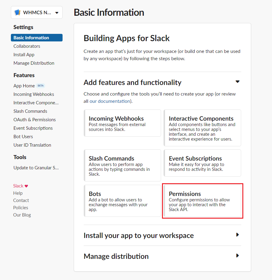 CRM For WHMCS: Slack app Basic Information page with the Permissions tile highlighted