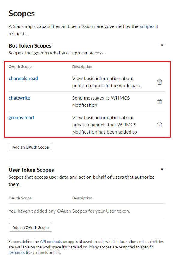 CRM For WHMCS: Slack Bot Token Scopes list with channels:read, chat:write and groups:read added