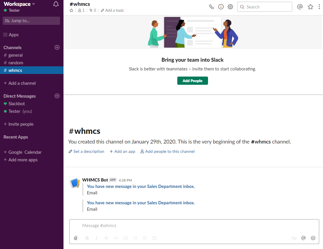 CRM For WHMCS: Slack whmcs channel showing WHMCS Bot messages about new mail in the Sales Department inbox