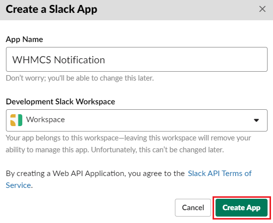 CRM For WHMCS: Slack Create a Slack App dialog with the app name and workspace fields