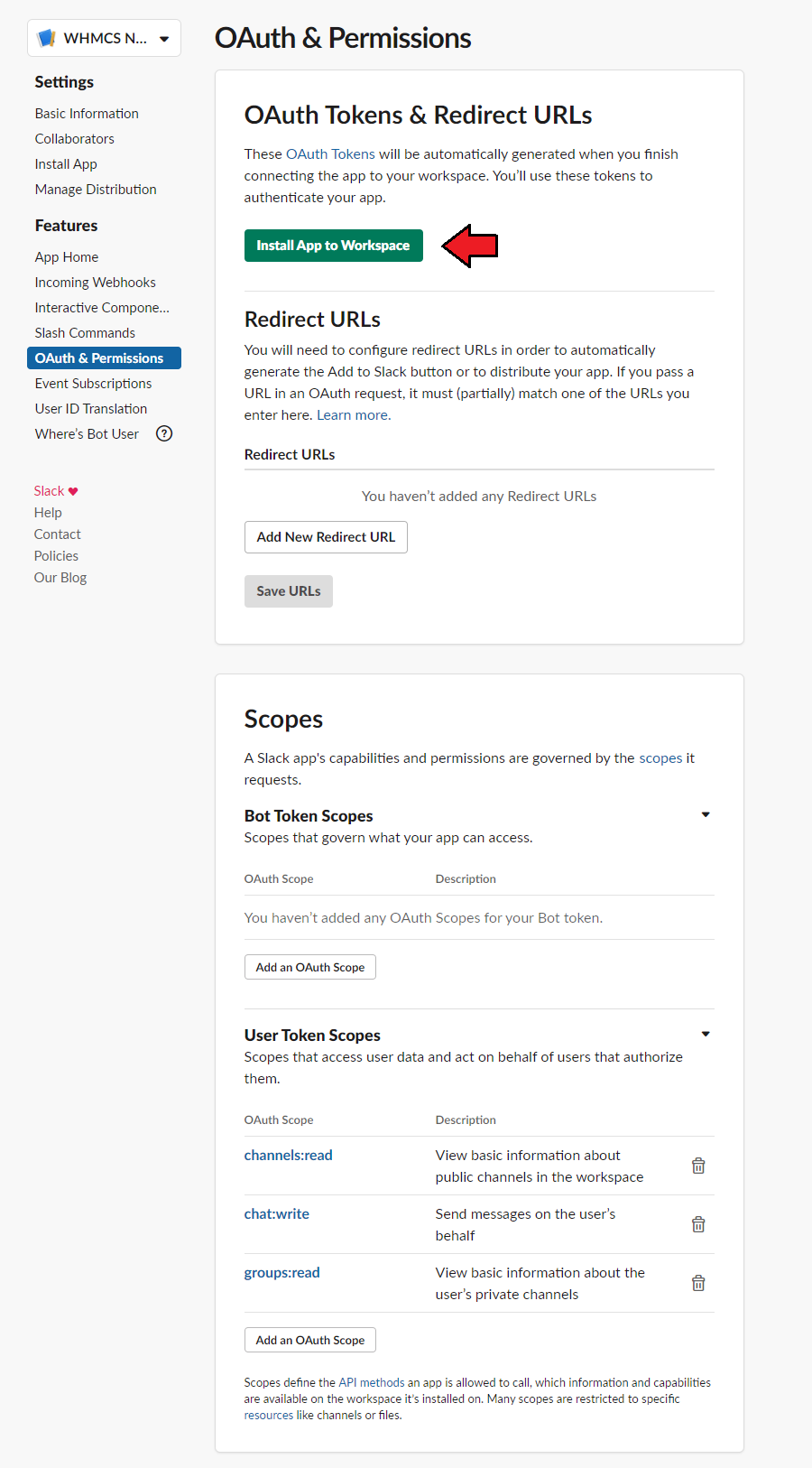 CRM For WHMCS: Slack OAuth and Permissions page with the Install App to Workspace button