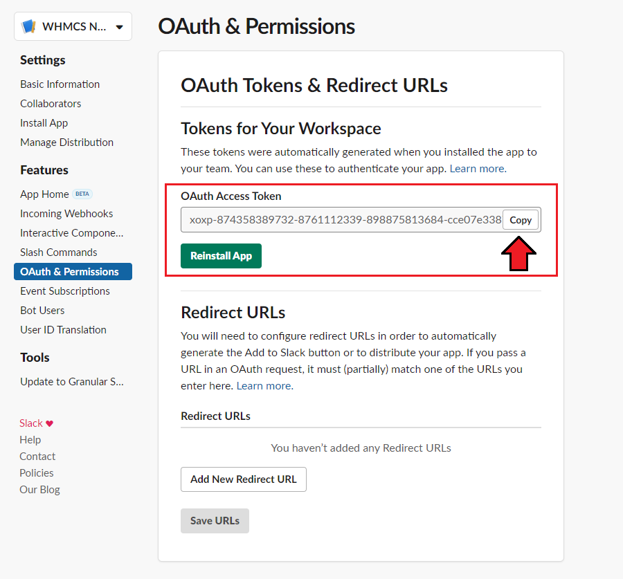 CRM For WHMCS: Slack OAuth and Permissions page with the generated OAuth Access Token and Copy button