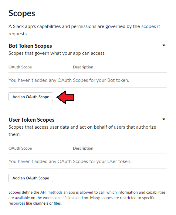 CRM For WHMCS: Slack OAuth and Permissions Scopes section with the Add an OAuth Scope button