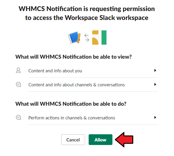CRM For WHMCS: Slack permission request dialog for the app with the Allow button
