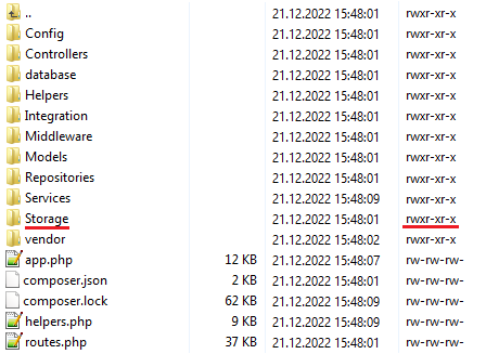 CRM For WHMCS: module app folder listing in an FTP client with the Storage folder and its permissions highlighted