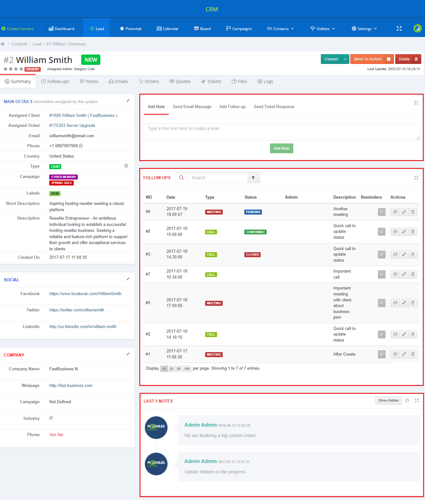 CRM For WHMCS: contact summary page with the add note, follow-ups table and last 5 notes widgets highlighted