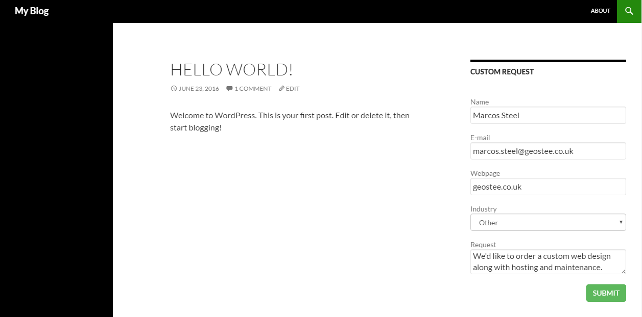 CRM For WHMCS: CRM web form displayed on a WordPress site, filled out with name, email, webpage, industry and request