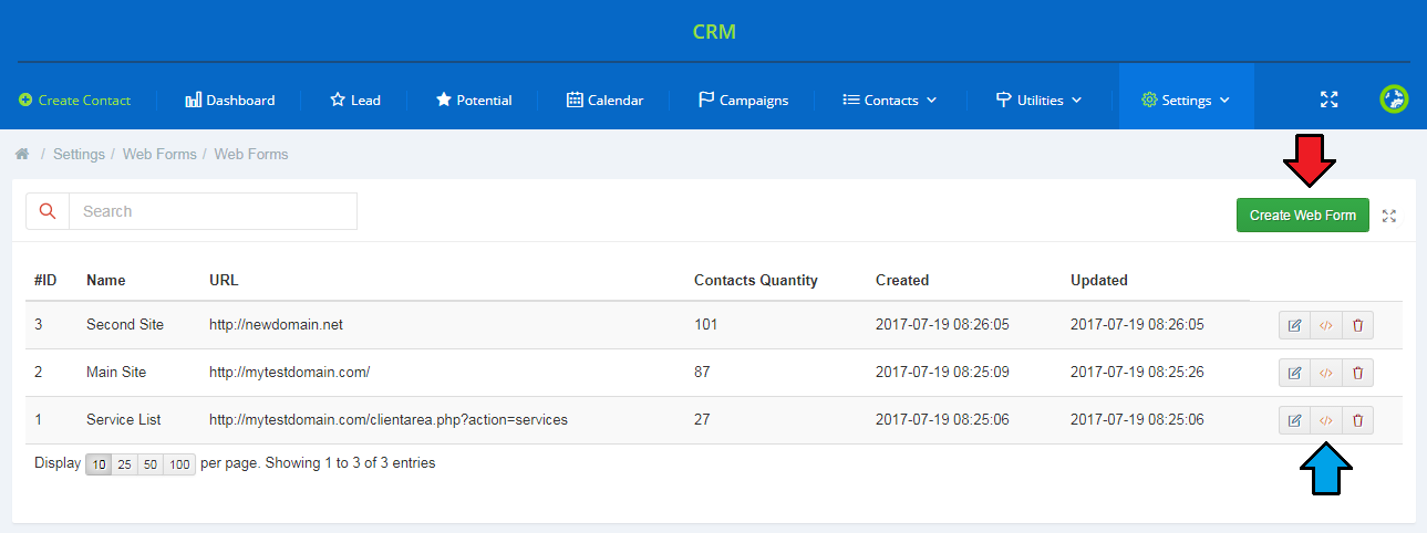 CRM For WHMCS: Web Forms list in settings with the Create Web Form button and the code action button in each row