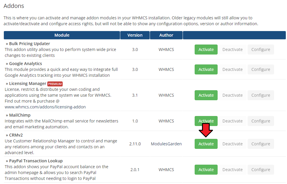 CRM For WHMCS: WHMCS Addon Modules list with the Activate button next to the CRMv2 module