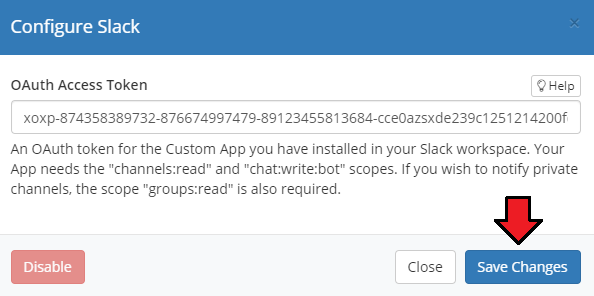 CRM For WHMCS: WHMCS Configure Slack window with the OAuth Access Token field and Save Changes button