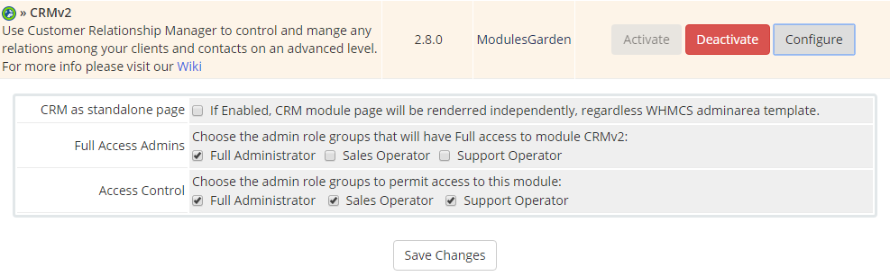 CRM For WHMCS: WHMCS addon modules list with CRMv2 Configure options for full access admins and access control