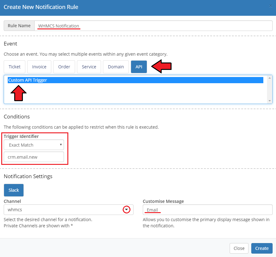 CRM For WHMCS: WHMCS Create New Notification Rule form with a Custom API Trigger event and Slack channel