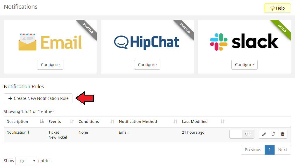 CRM For WHMCS: WHMCS Notifications page with active Slack and the Create New Notification Rule button