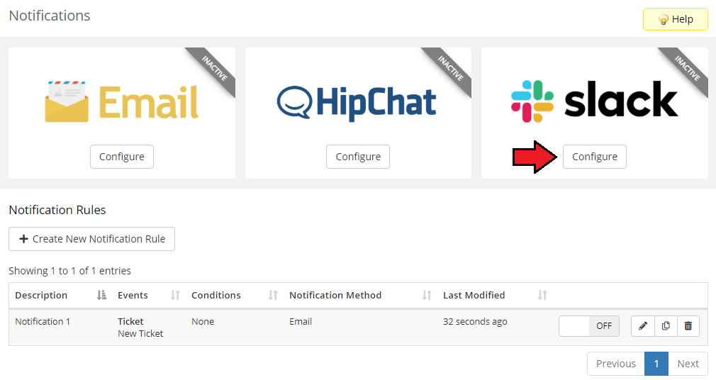 CRM For WHMCS: WHMCS Setup Notifications page with the Configure button under the Slack provider