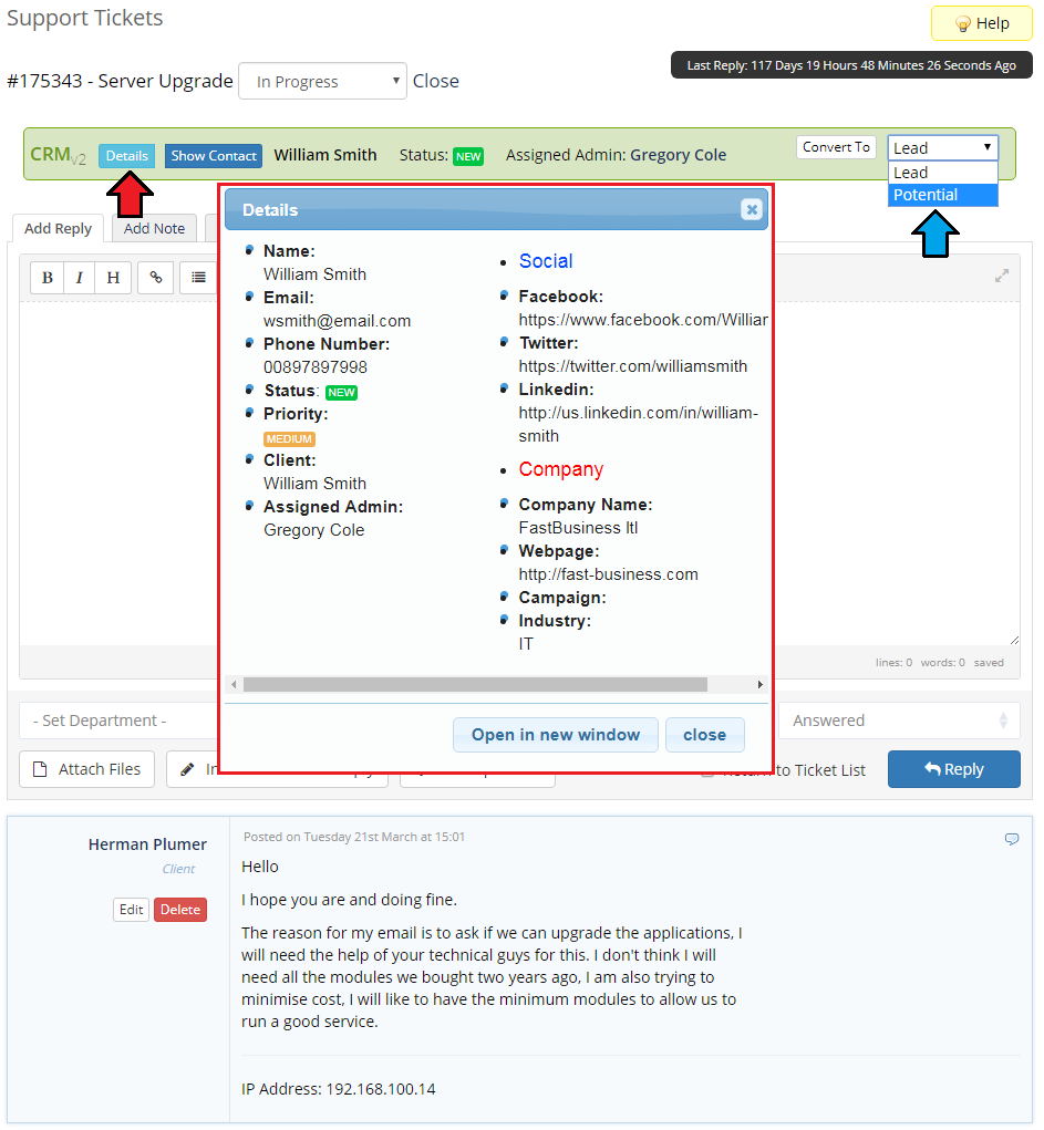 CRM For WHMCS: WHMCS ticket CRM bar with the contact Details window and the Convert To type dropdown