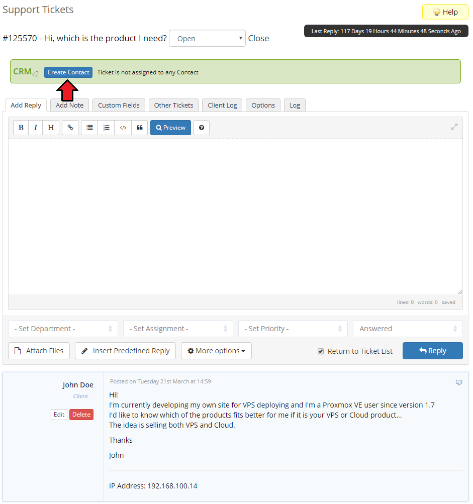 CRM For WHMCS: WHMCS support ticket page with the CRM bar and the Create Contact button