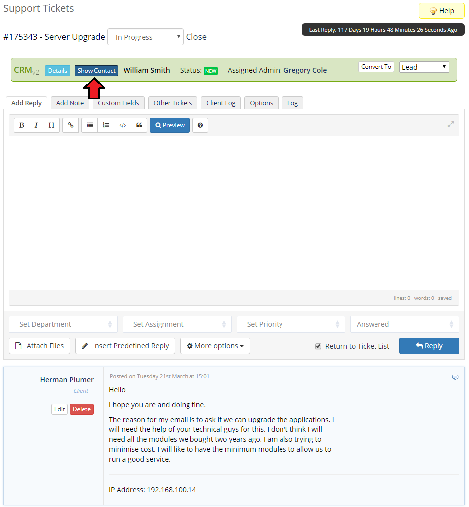 CRM For WHMCS: WHMCS ticket CRM bar with the Show Contact button highlighted