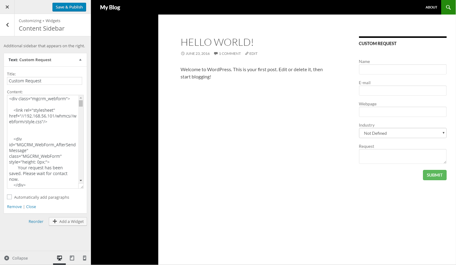 CRM For WHMCS: WordPress Customizer Text widget with the pasted web form HTML code and the CRM form in the page preview