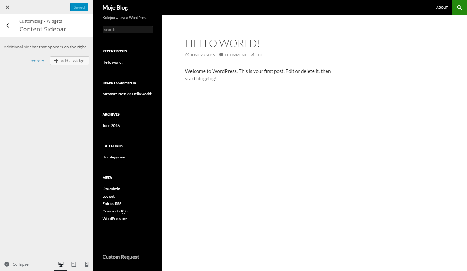 CRM For WHMCS: WordPress Customizer for the Content Sidebar widgets area with the Add a Widget button