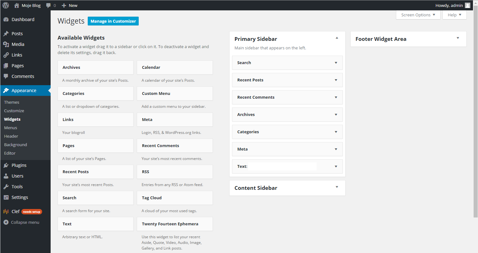 CRM For WHMCS: WordPress admin Appearance Widgets page with the Manage in Customizer button and sidebar areas