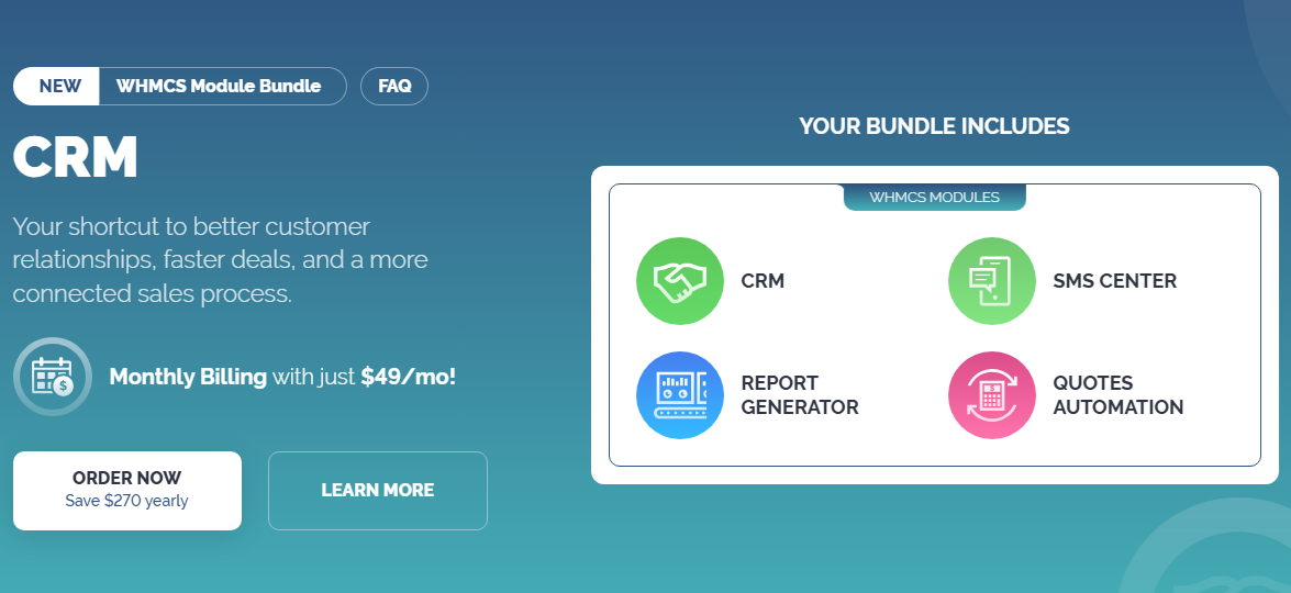 CRM WHMCS Module Bundle: bundle banner listing CRM, SMS Center, Report Generator and Quotes Automation modules