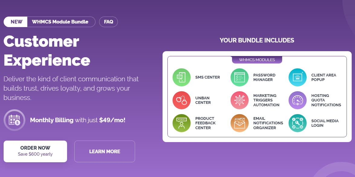 Customer Experience WHMCS Module Bundle: bundle banner listing eight included modules such as SMS Center and Password