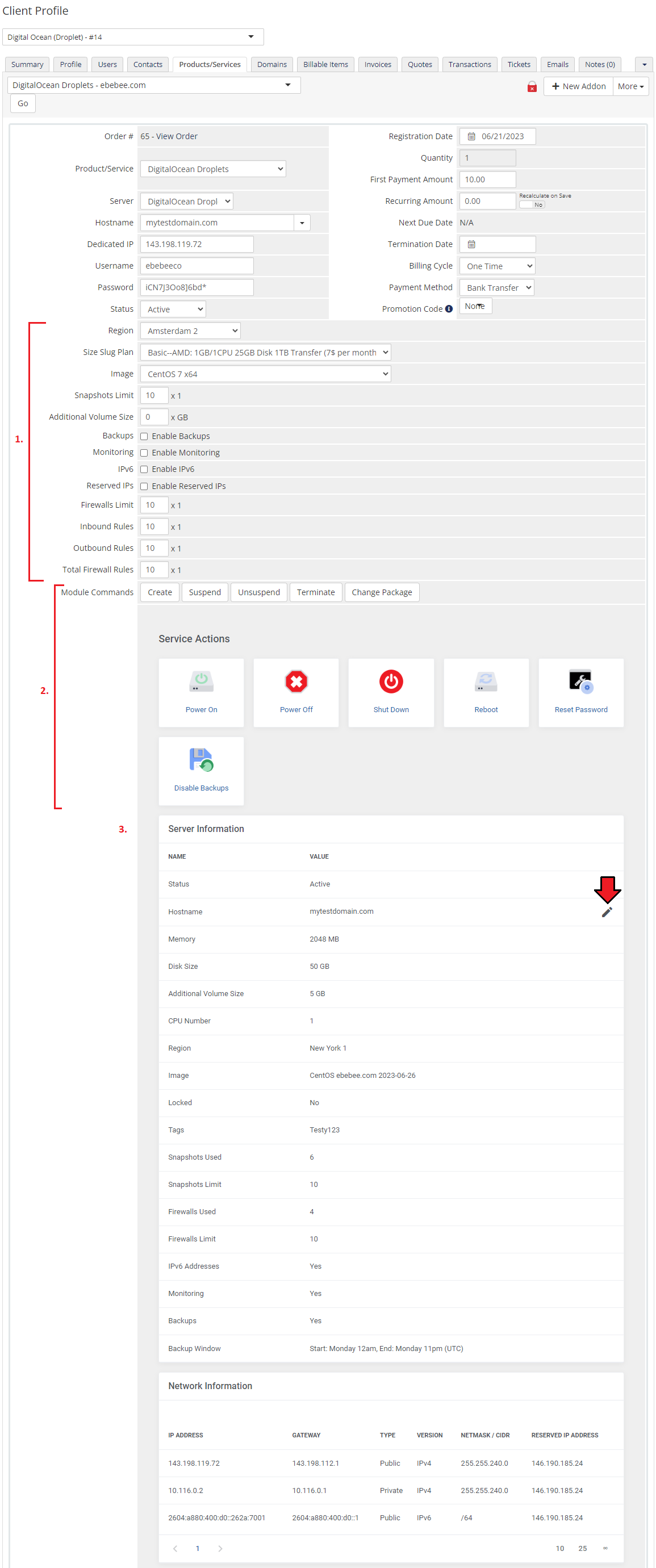DigitalOcean Droplets For WHMCS: WHMCS admin product page with module commands, server information and network