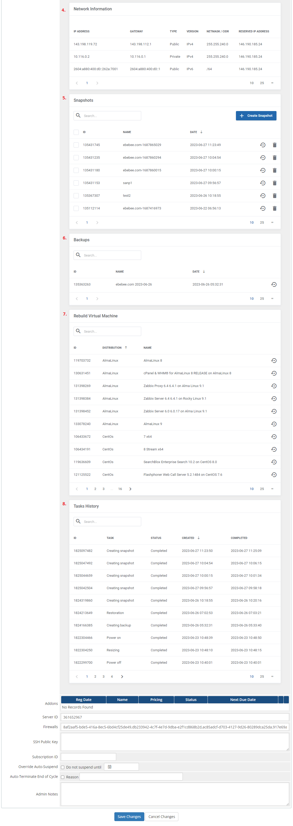 DigitalOcean Droplets For WHMCS: WHMCS admin product page with network, snapshots, backups, rebuild and tasks history