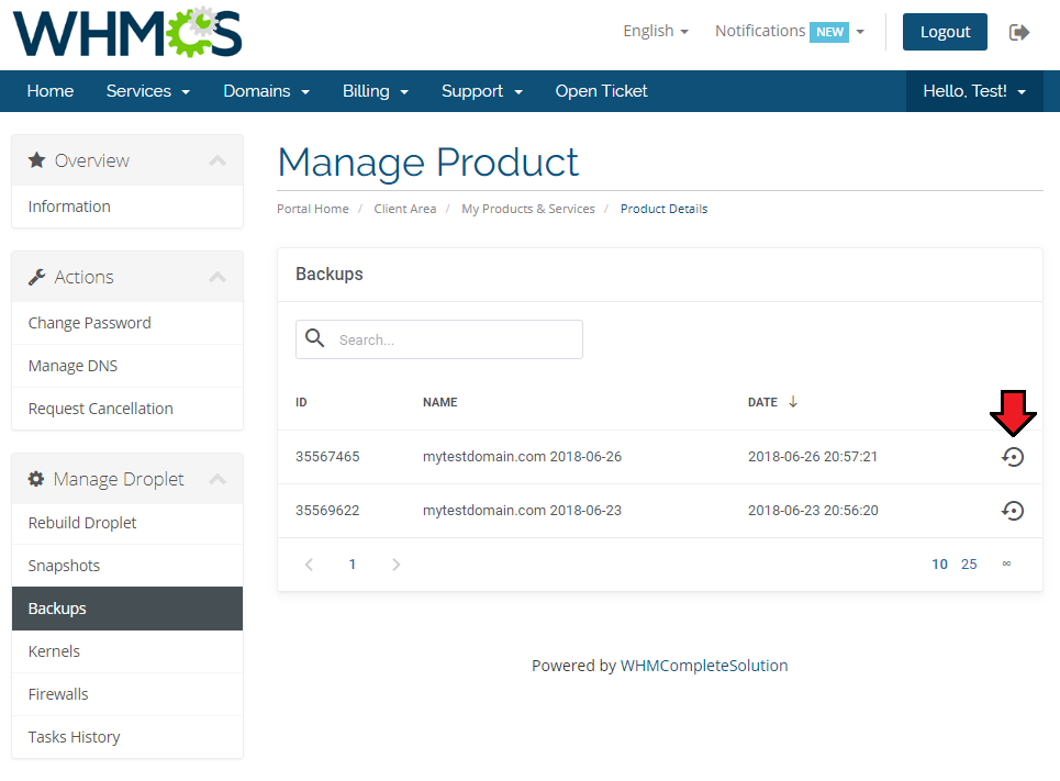 DigitalOcean Droplets For WHMCS: client area Backups page with the restore button for a backup