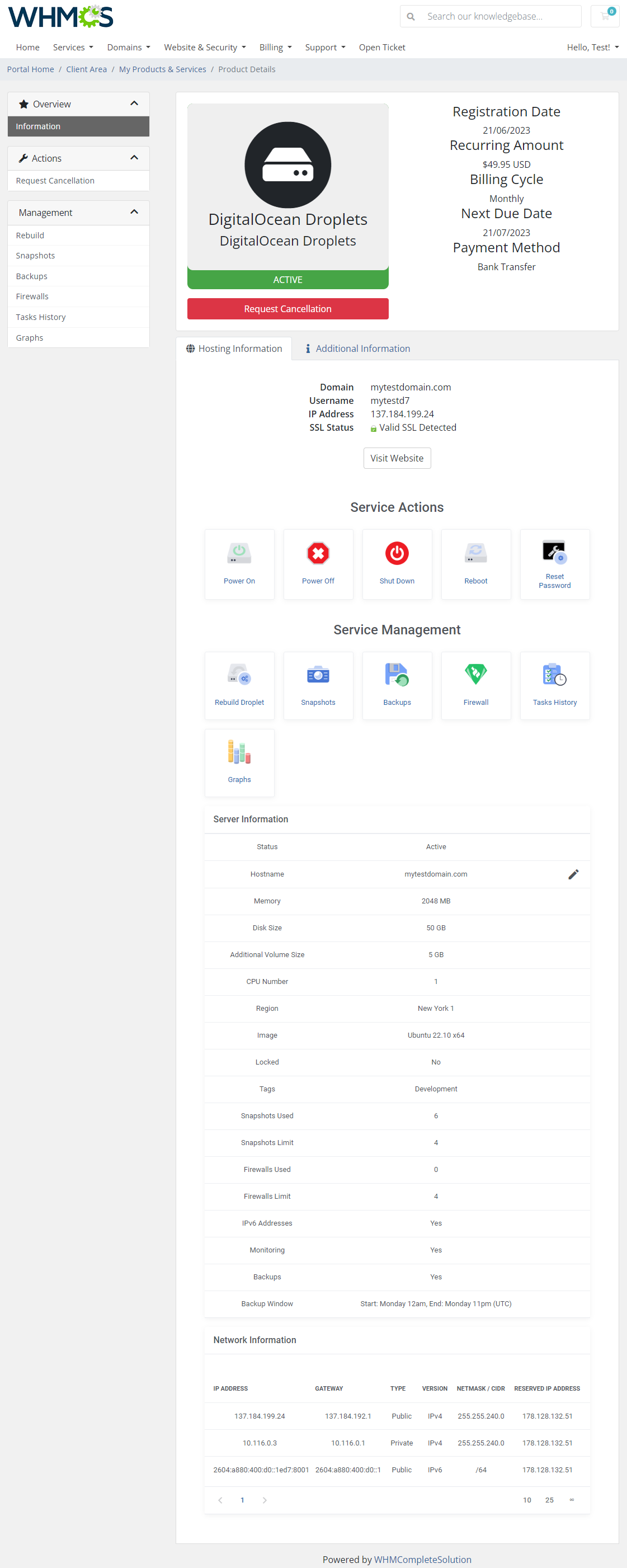 DigitalOcean Droplets For WHMCS: client area product page with service actions, management menu and server information