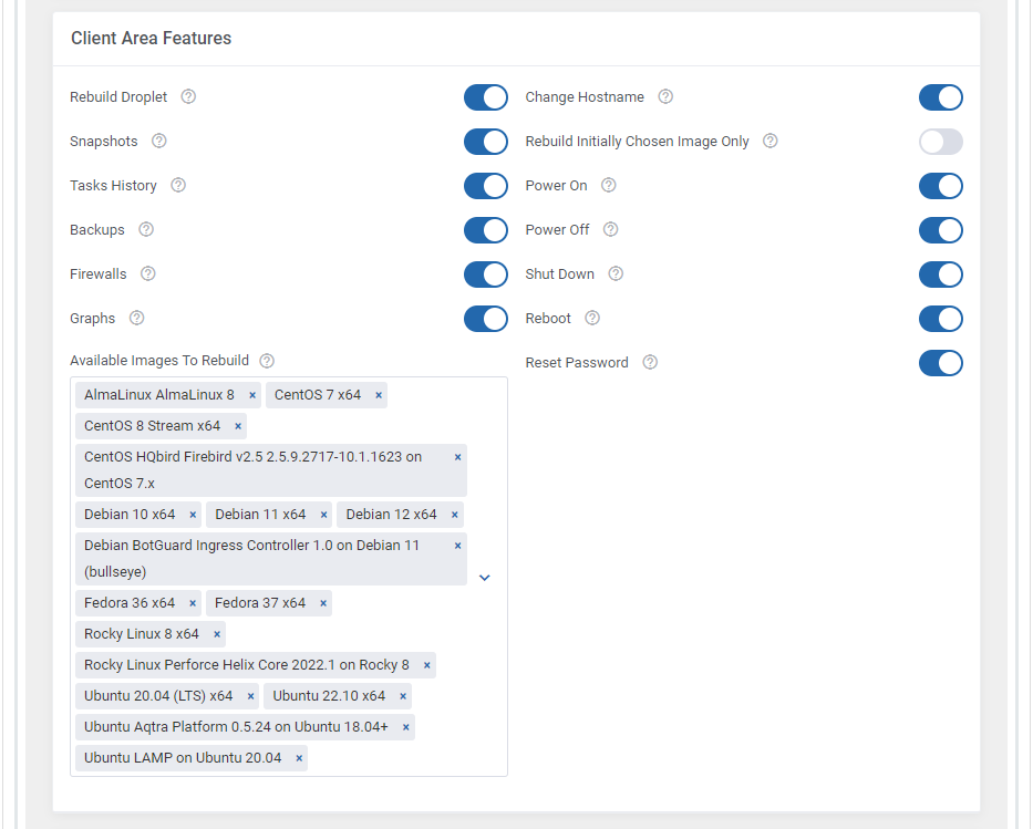 DigitalOcean Droplets For WHMCS: module settings Client Area Features section with feature switches and rebuild images