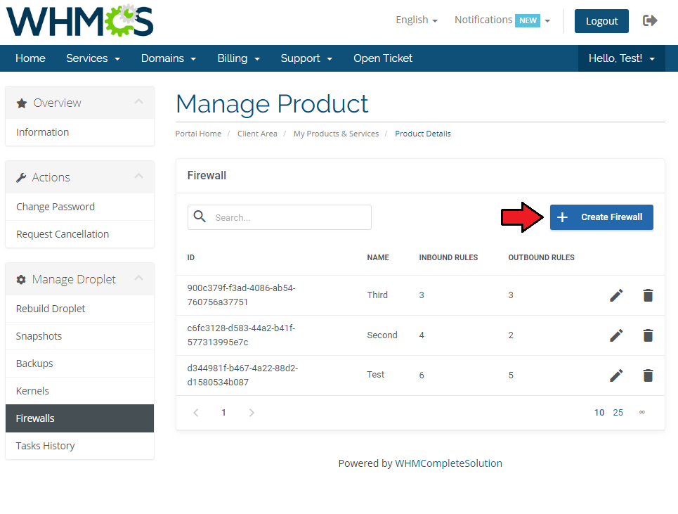 DigitalOcean Droplets For WHMCS: client area Firewall page with the Create Firewall button