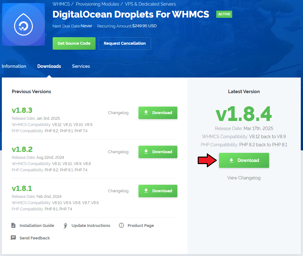 DigitalOcean Droplets For WHMCS: client area product page with the Download button for the latest module version