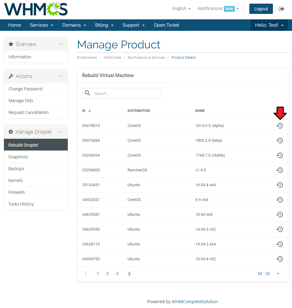 DigitalOcean Droplets For WHMCS: client area Rebuild Virtual Machine list with the rebuild button for an image