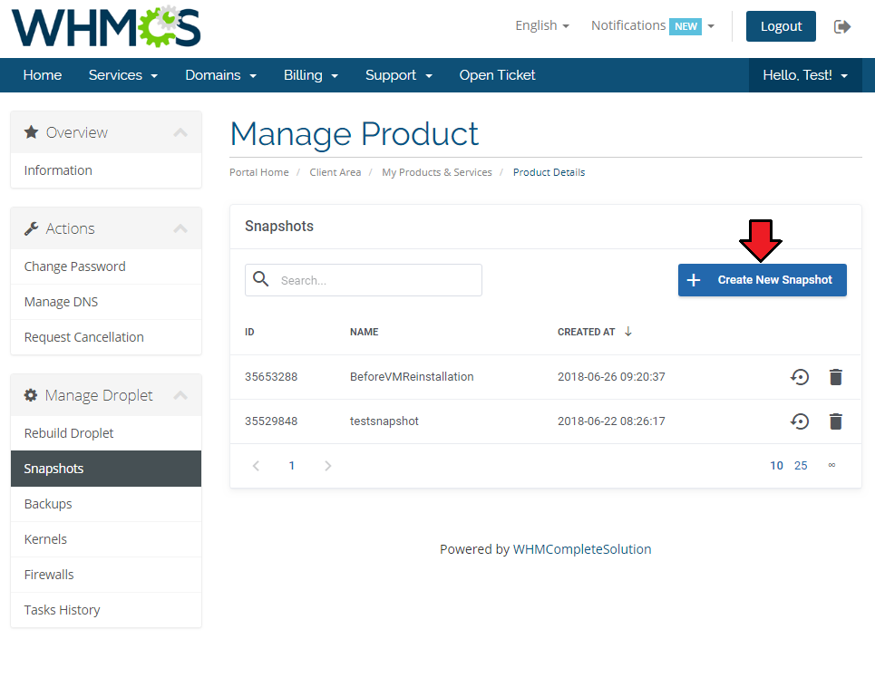 DigitalOcean Droplets For WHMCS: client area Snapshots page with the Create New Snapshot button
