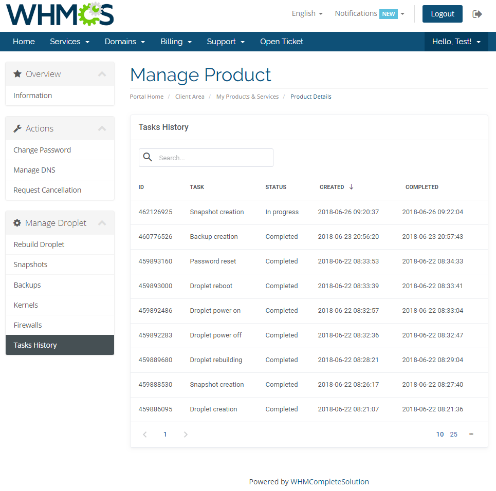 DigitalOcean Droplets For WHMCS: client area Tasks History page with a table of Droplet tasks and their status