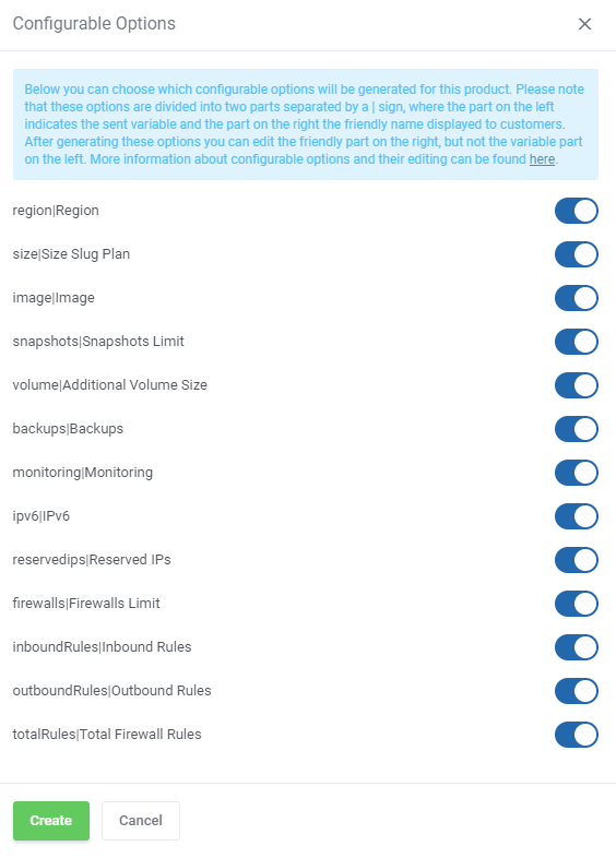 DigitalOcean Droplets For WHMCS: Configurable Options dialog with switches for each option and the Create button