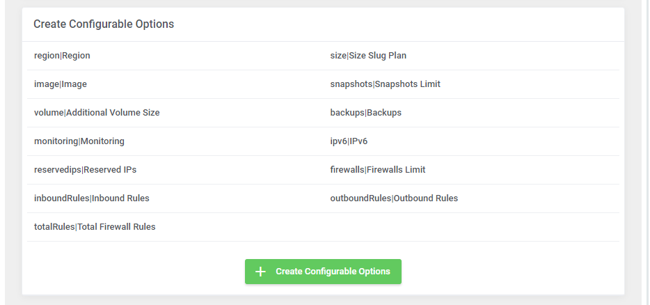 DigitalOcean Droplets For WHMCS: module settings Create Configurable Options section with the list of generated options