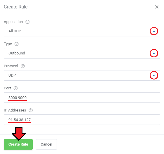 DigitalOcean Droplets For WHMCS: Create Rule dialog with application, type, protocol, port and IP addresses fields