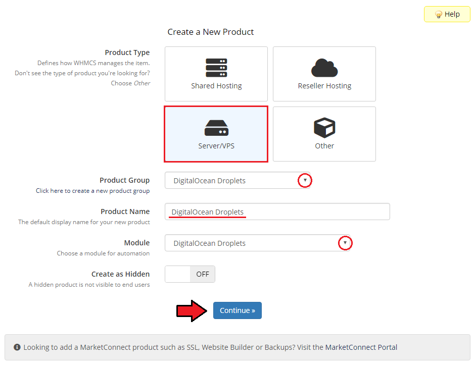 DigitalOcean Droplets For WHMCS: WHMCS Create a New Product form with Server/VPS type, group, name and module selected