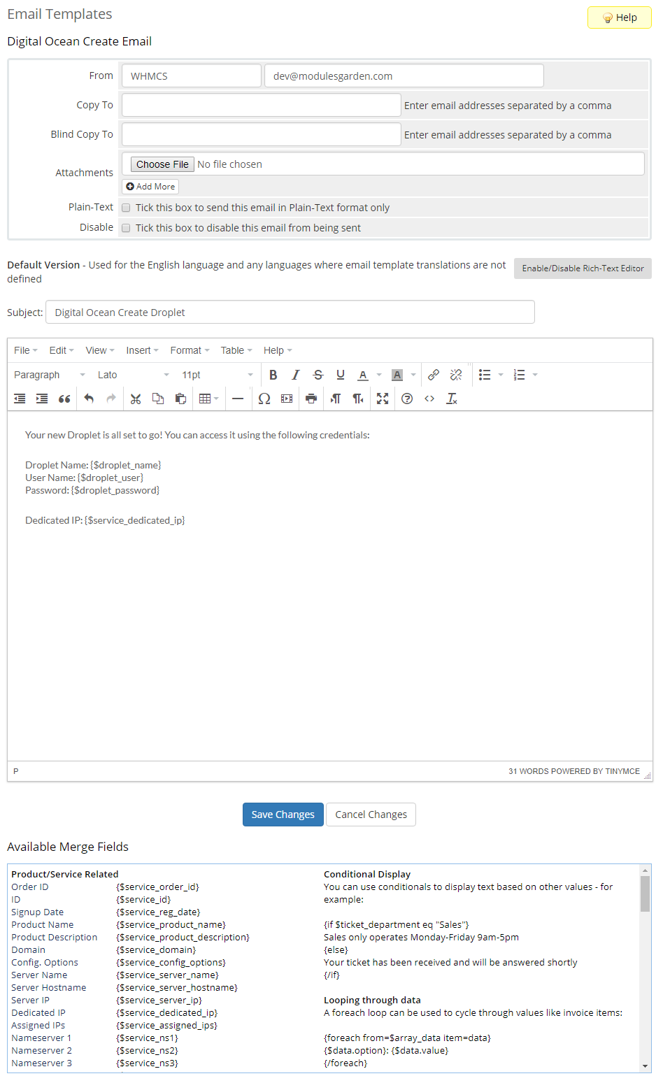 DigitalOcean Droplets For WHMCS: WHMCS Email Templates editor with the Digital Ocean Create Email template