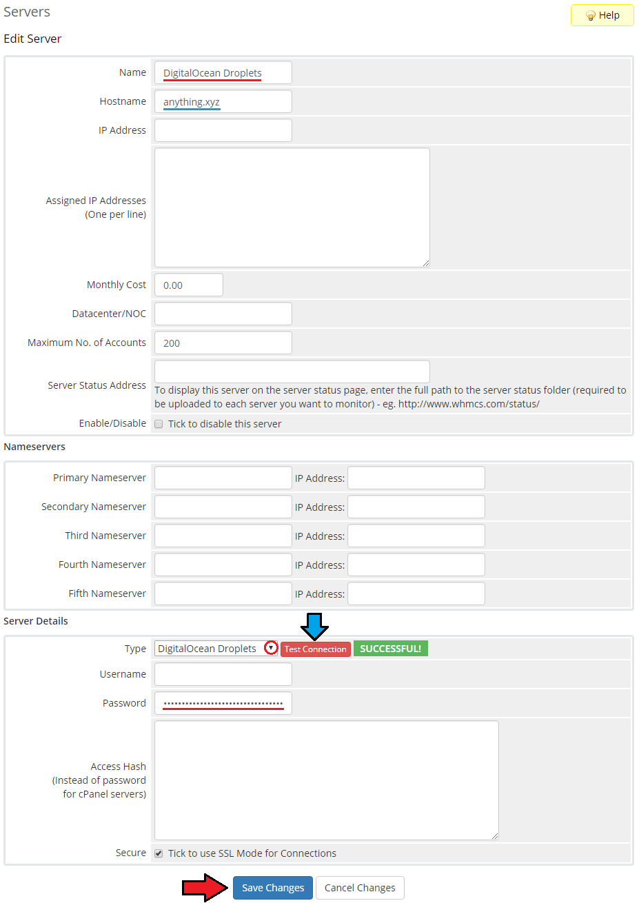 DigitalOcean Droplets For WHMCS: WHMCS Edit Server form with name, hostname, module type, API token and Test Connection