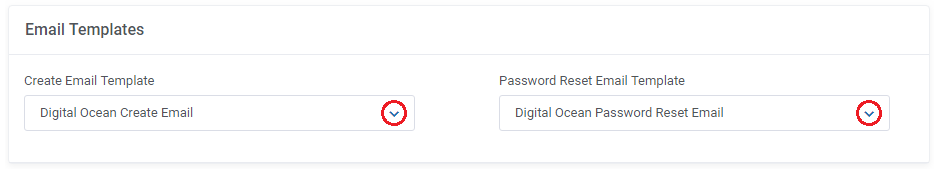DigitalOcean Droplets For WHMCS: module settings Email Templates section with create and password reset templates