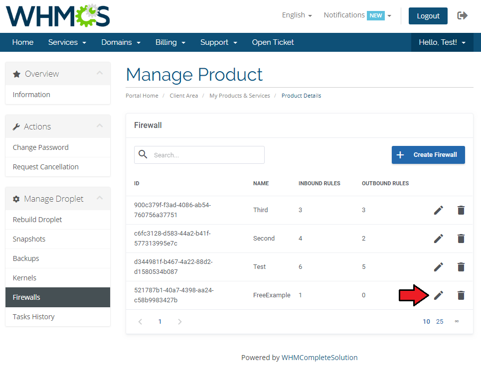 DigitalOcean Droplets For WHMCS: client area Firewall list with the edit icon for a new firewall
