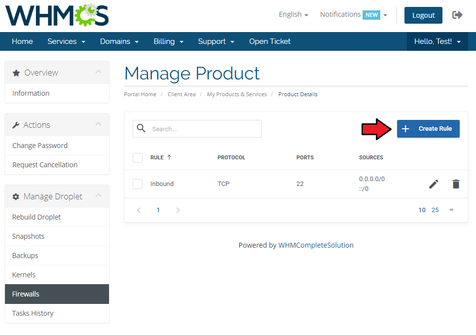 DigitalOcean Droplets For WHMCS: client area firewall rules page with the Create Rule button